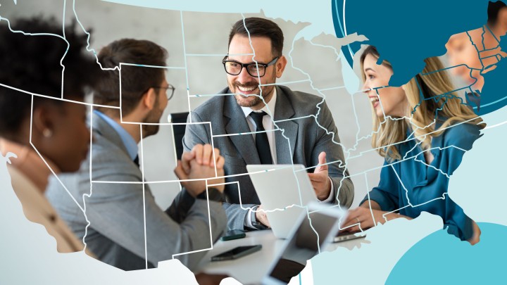 A group of college leaders discuss an upcoming initiative. A map of the United States is overlaid on this image.