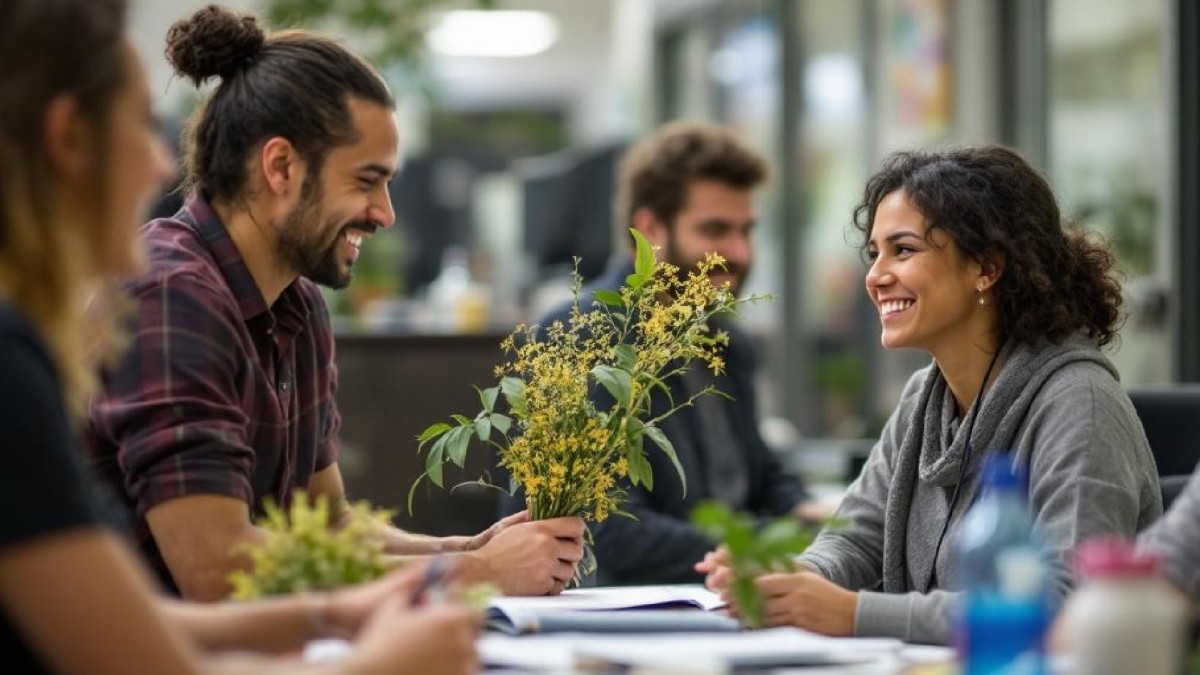 A man and a woman smile at each other from across a table during a study session at the college.
