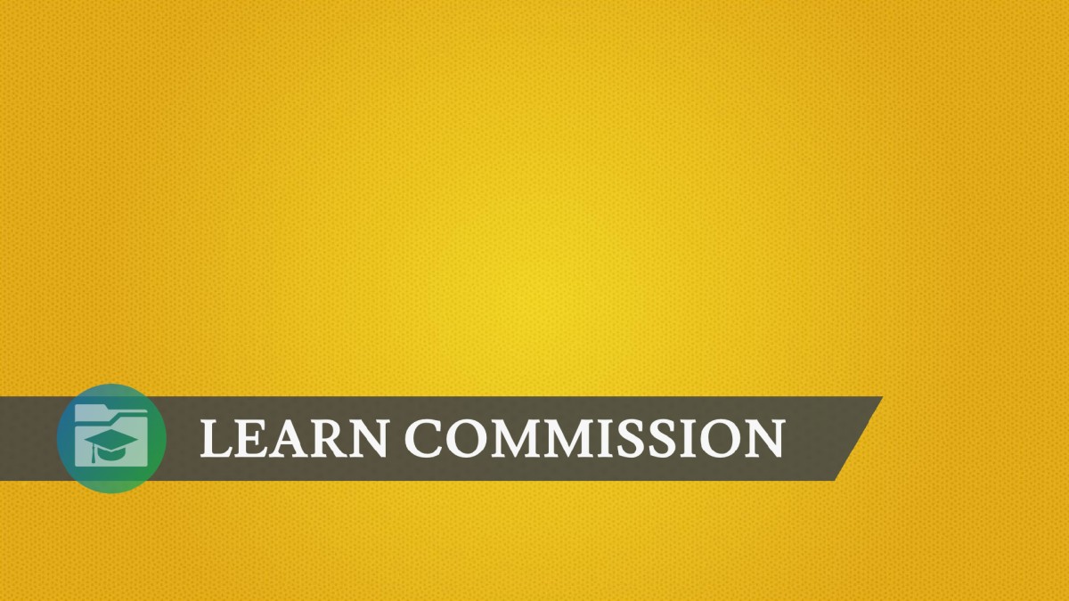 A textured yellow background with the words LEARN COMMISSION and a blue green icon featuring the image of a file folder and graduation cap.