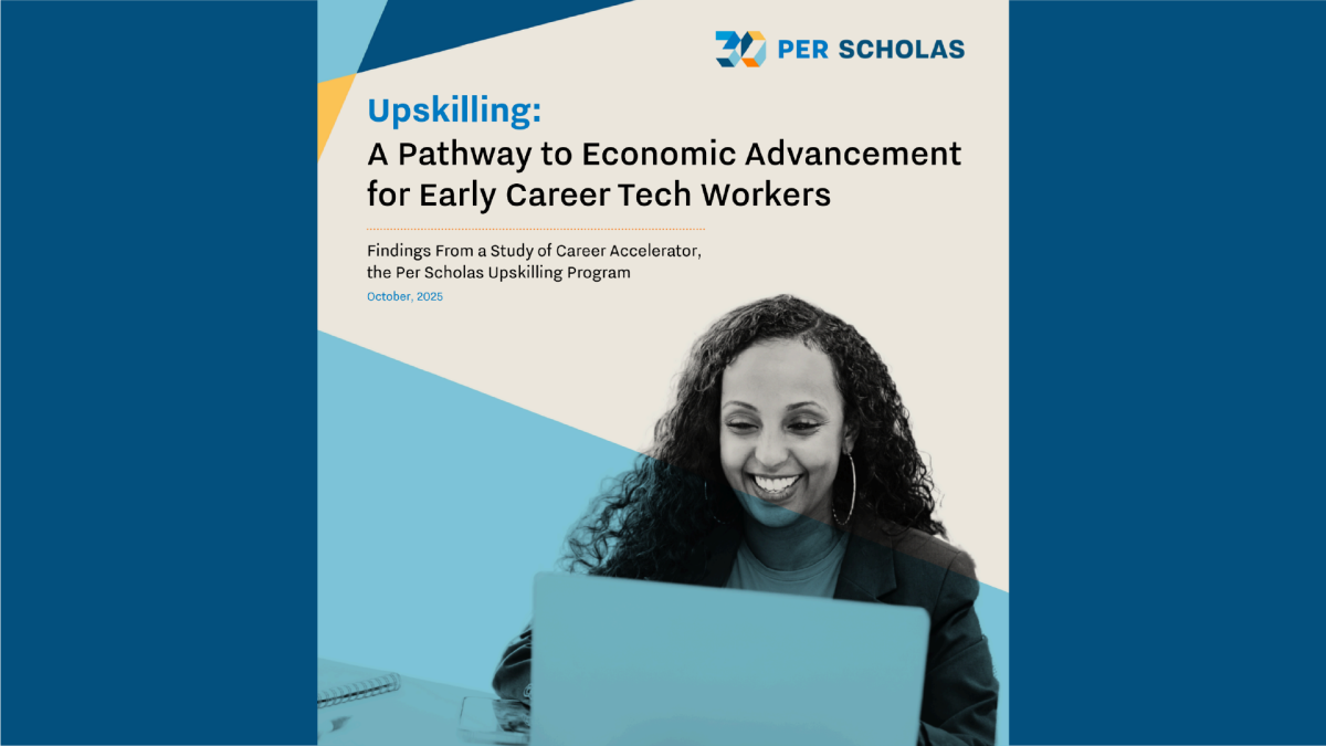 A woman smiles as she reads an email from a colleague on her laptop. The words “Upskilling: A Pathway to Economic Advancement for Early Career Tech Workers, Findings From a Study of Career Accelerator, the Per Scholas Upskilling Program, October 2025”